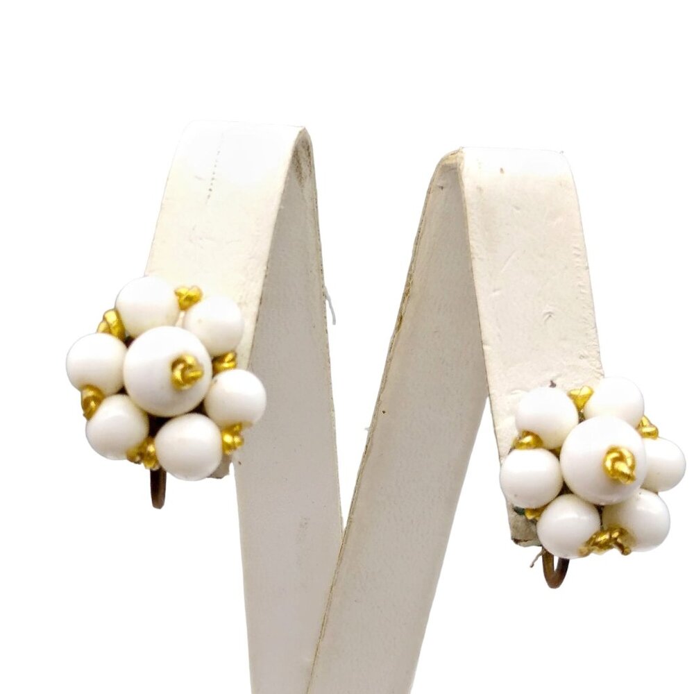 Vintage Milk Glass Bead Cluster Earrings, Classic White and Gold Tone Screw Back